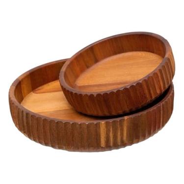 Imagem de Bowl Canelado Gigante, Kit 2 Pçs GG e G Madeira Acácia Saladeira Fruteira Cumbuca Tigel