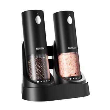 Imagem de Conjunto de moedor elétrico de sal e pimenta com base recarregável - Saleiro elétrico recarregável automático e pimenteiro com grande capacidade, luz LED e grossura ajustável, preto