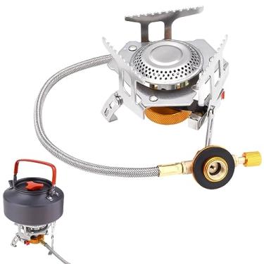 Imagem de Toyokar Fogão de mochila dobrável queimador a gás portátil para cozinhar ao ar livre, fogão de acampamento eficiente de 3500 W com ignição piezoelétrica, 360° à prova de vento com suporte de triângulo