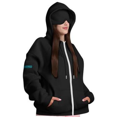 Imagem de IEUDNS Moletom feminino com capuz para viagens, com máscara de dormir integrada, leve, para primavera e outono, Preto