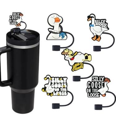 Imagem de 5 peças de coberturas fofas de palha de ganso para copo Stanley, capa de silicone com design engraçado de ganso de desenho animado fofo protetor de canudos para copos Stanley de 30 e 1,134 g, tampas