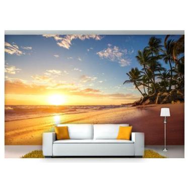Imagem de Papel De Parede Praia Mar Por Do Sol Coqueiro  Npr203 - Você Decora