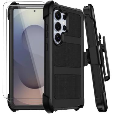 Imagem de Capa para Samsung Galaxy S25 Ultra com clipe de cinto, capas de telefone defensoras antiqueda à prova de choque de grau militar, 2 películas protetoras resistentes de 2 camadas (preto)