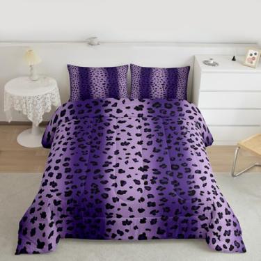 Imagem de Erosebridal Jogo de cama Queen com estampa de leopardo para crianças, adolescentes e adultos, conjunto de cama com estampa de chita africana, rústico, casa de fazenda, roxo ombré para todas as