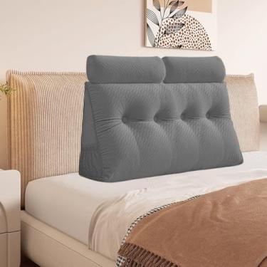 Imagem de Almofada triangular de veludo, almofada de cabeceira com capa removível para sofá-cama, suporte para posicionamento do encosto, almofada de descanso e leitura relaxante (cinza com travesseiro de rolo