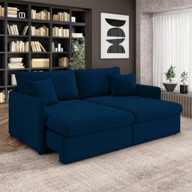 Imagem de Sofá Reclinável E Retrátil Gandalf Bipartido 254cm Caixa Zero Com Almofadas Veludo Azul G33 - Gran