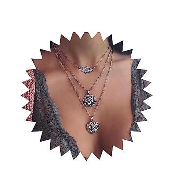 Imagem de Andelaisi Gargantilha Boho Hamsa em camadas vintage com pingente de símbolo sânscrito colar de corrente de girassol de prata multicamadas para ioga Om colar de corrente para mulheres e meninas, Zinco,