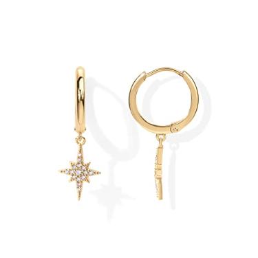 Imagem de PAVOI Brincos de argola de pressão femininos banhados a ouro 14K S925 leve com pingente de gota para mulheres | Estrela, cadeado, pérola, cruz, relâmpago, moeda | brincos delicados, Ouro amarelo, Sem Pedra Preciosa