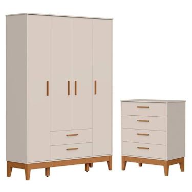 Imagem de Jogo De Quarto Infantil Flip Guarda Roupa 4 Portas E Cômoda 4 Gavetas Areia Fosco - Reller Móveis Areia Fosco