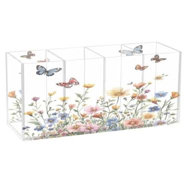 Imagem de SEHANY Porta-canetas de acrílico com flores de borboleta coloridas, 4 compartimentos, porta-lápis transparente, organizador de pincéis de maquiagem, organizador de papelaria para escritório, casa