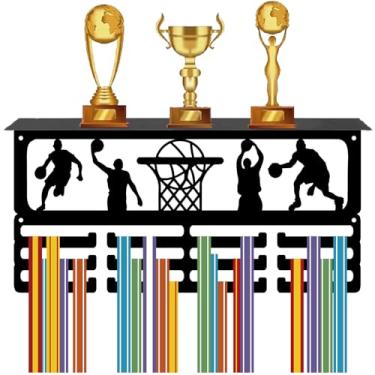 Imagem de CREATCABIN Suporte de medalha de basquete para exibição de medalhas com prateleira de troféu, fitas de prêmios esportivos, organizador de ganchos de metal para montagem na parede, suporte para moldura