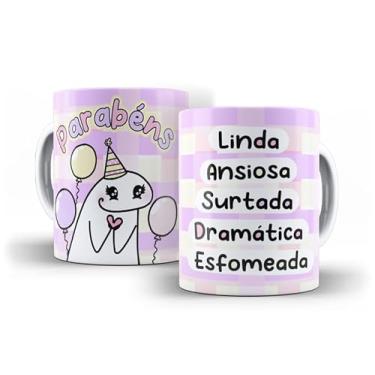 Imagem de Caneca Decorativa Parabéns Amiga, Porcelana, Design Listrado Pastel, Tema Aniversário com Bolo e Ilustração Fofa, 325ml (17201)