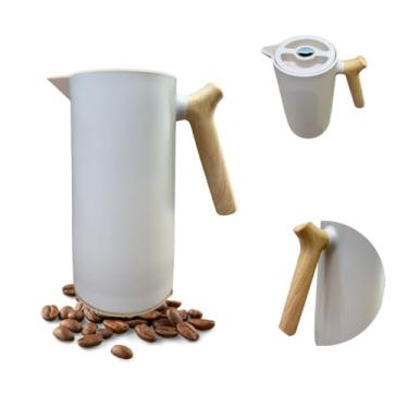 Imagem de Garrafa Térmica 1 Litro com Ampola de Vidro e Cabo de Madeira - Botão Click Anti-Vazamento, Mantém Café e Chá Quentes/Frios por Muito Tempo, Design Sofisticado(Creme)