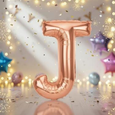 Imagem de Balões J grandes em ouro rosa de 81 cm com letras J, balões Mylar Jlphabet preenchidos com hélio para festas de aniversário e decorações de aniversário, suprimentos de decoração de festa em ouro rosa