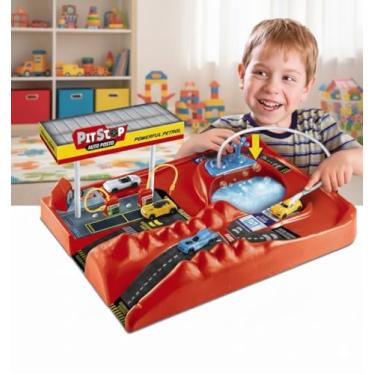Imagem de Pista Pit Stop Infantil com Lava Rápido e Posto de Combustível – Com Bomba de Água, Jato Funcional e 2 Carrinhos Miniatura – Brinquedo Educativo para Crianças 3+