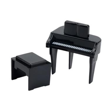 Imagem de Fenteer Piano em miniatura para casa de bonecas, jardim de fadas, micro paisagem, instrumento musical com banco, Preto