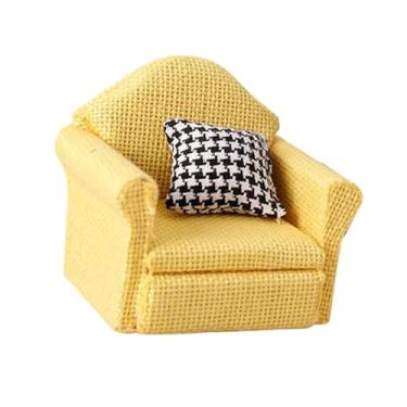 Imagem de oshhni Miniatura de sofá individual em tecido, modelo de poltrona, acessório DIY, mini brinquedo infantil, sofá com almofada para casa de bonecas em escala, Amarelo