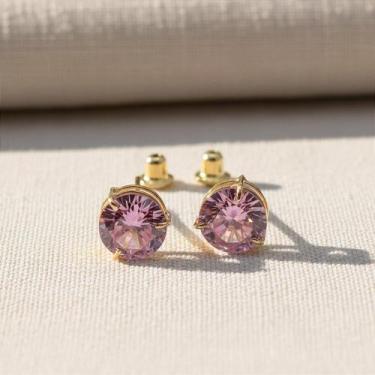 Imagem de Brinco de Ouro 18k com Zircônia Rosa Redonda de 6mm - Ponto de Luz - n