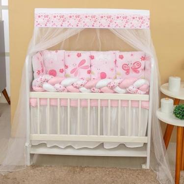 Imagem de Kit Mini Berço 12 Peças, Protetor e Saia de Berço com Estampa de Borboletas Rosa, Enxoval para Bebê