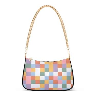 Imagem de CEBUGI Bolsas transversais femininas bolsa de ombro arco-íris quadriculado elegante bolsa clutch com alça de corrente