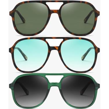 Imagem de (Pacote com 3) Óculos de sol aviador retrô para mulheres e homens, clássicos, anos 70, vintage, moderno, quadrado, aviadores, Carapaça de tartaruga verde + carapaça de tartaruga gradualmente verde