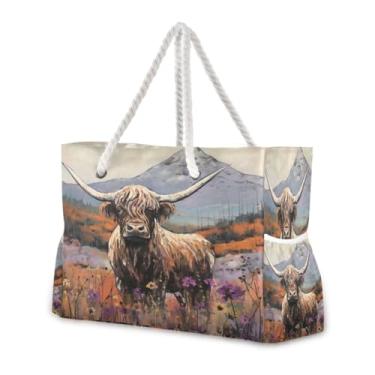 Imagem de Wassud Bolsa de praia grande para mulheres, Highland, impermeável, à prova de areia, bolsa de viagem com zíper e bolso para piscina, academia, acampamento