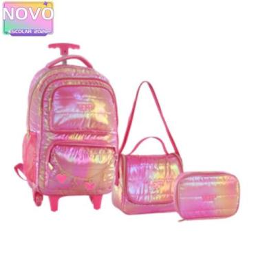 Imagem de Kit Mochila 18 Rodinha Metalizada Brilho Com Estojo Box Lancheira Térm