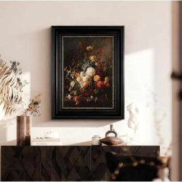 Imagem de VIYYIEA Arenito com moldura preta de pontos dourados, arte de parede de 40,6 x 50,8 cm – Cesto floral vintage, arte de natureza morta, painel de pedra texturizada, moldura preta clássica para sala de