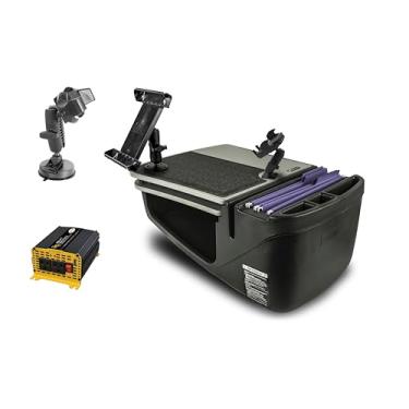 Imagem de AutoExec Mesa de carro GripMaster para sua estação de trabalho de veículo e escritório móvel, cinza, com inversor de potência de 400 watts, suporte para telefone, suporte para tablet e sucção para