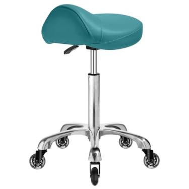 Imagem de Banco de selim ergonômico com rodas – resistente 181 kg, almofada de sela grossa atualizada, correção de postura saudável, banco giratório ajustável, cadeira de sela para salão de massagem em casa