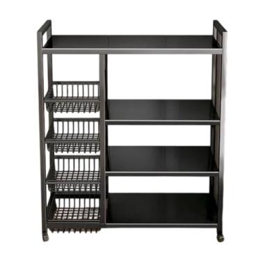 Imagem de Suporte de Micro-ondas com Fruteira de Chão, 4 Prateleiras, 4 Cestos, Aço Carbono, Preto Fosco, 80x32x125cm, com Rodízios