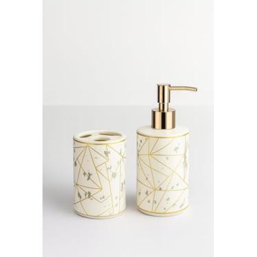Imagem de Conjunto Cerâmica Marmorizada Para Banheiro e Lavabo – Kit 2 Peças Dispenser Sabonete Líquido Porta Escovas