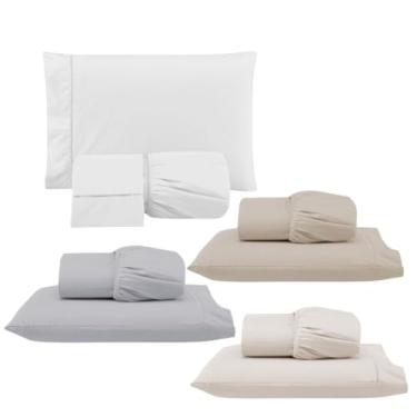 Imagem de Kit 4 Jogos de Lençol com Elástico e Fronha Bordada em Ponto Palito, 1 Casal Queen 198x158x35cm e 3 Solteiros 188x88x30cm (4 Jogos Versat (Queen:Branco e Solteiros:Cinza/Cáqui/Palha))