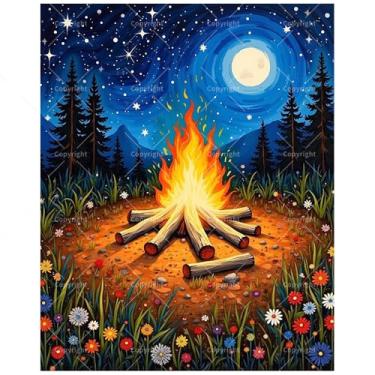 Imagem de Kit de pintura noturna por números para adultos - DIY Bonfire Under Starry Sky Painting on Canvas 40 x 50 cm, conjunto de tinta acrílica, adequado para iniciantes, arte para decoração de casa ou