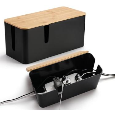 Imagem de ZhiYo Caixa de gerenciamento de cabos com tampa de bambu, pacote com 2, caixa de cabos preta média e grande, organizador de fios para esconder protetor contra sobretensão, fios de mesa/TV/computador