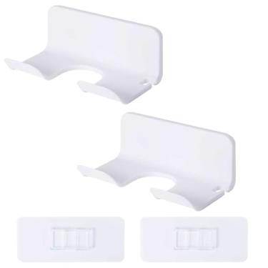 Imagem de 2 peças de suporte de secador de cabelo de plástico – suporte universal para secador de cabelo montado na parede – organizador de parede sem perfuração para armário de banheiro (branco)
