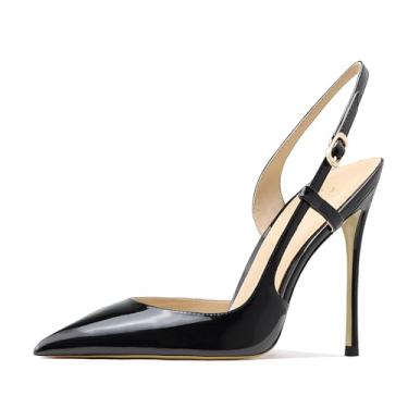 Imagem de Qunvngutui Sandália feminina sexy de bico fino com boca de flor, tira única, boca rasa, salto alto e tira no tornozelo, casual, festa, banquete, Couro sintético preto, 35