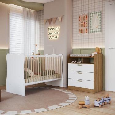 Imagem de Quarto Infantil com Cômoda 3 Gavetas e  Berço Branco/Mel