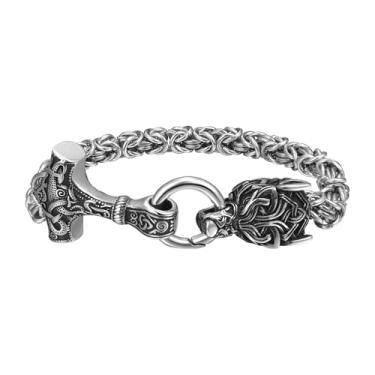 Imagem de OIDEA Pulseira masculina Viking Thor's Hammer: Pulseira de corrente de elos Mjolnir de cabeça de lobo de aço inoxidável para homens joia de amuleto presente para ele pai pai marido amigo, one size