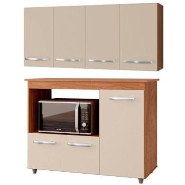 Imagem de Balcão Multiuso 3 Portas E Armário Aéreo 4 Portas Luni Savana / Off Wh