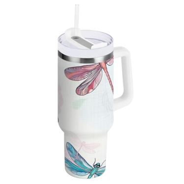 Imagem de Copo com isolamento duplo de 850 g com alça e tampa de palha, libélulas pastel floral
