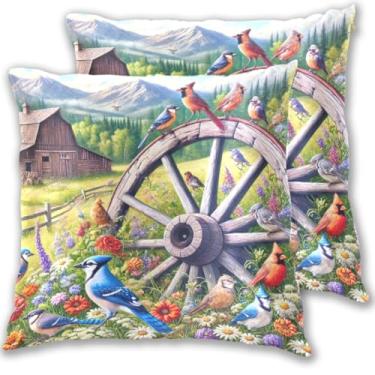 Imagem de ODAWA Capas de almofada, capas de almofada decorativas para jardim campestre com pássaros, capa de almofada quadrada com zíper para sofá-cama 50 x 50 cm