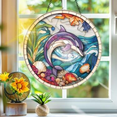 Imagem de Acrílico colorido, apanhador de sol, decoração de janela suspensa de golfinho, arte de parede de arco-íris, para varanda, interior e exterior, jardim, enfeites de Natal, decoração 19 x 19 cm, CH#42