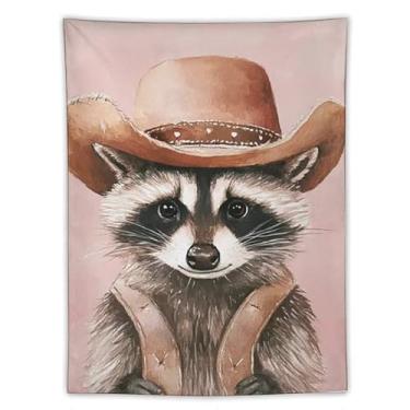 Imagem de Guaxinim em chapéu de cowboy com colete tapeçaria de parede bonito decoração animal de fazenda fundo rosa arte caprichosa para sala de estar quarto rústico estilo country decoração pendurada destaque