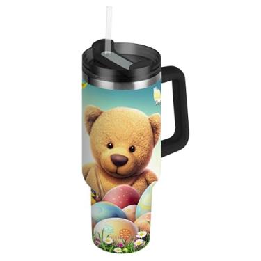 Imagem de Copos com tampas e canudo ursinho de pelúcia coelho ovos de Páscoa 1,134 g copo com alça rosa bonito garrafas de água isoladas aço inoxidável caneca de café quente para carro