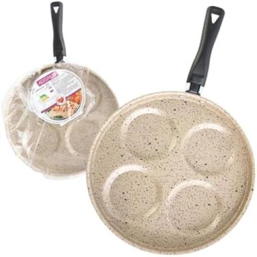 Imagem de Frigideira, quatro divisorias, aquecimento rapido, cozimento uniforme, revestimento antiaderente, pedra bege, resistente, leve.