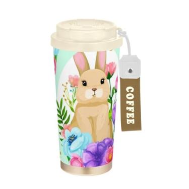 Imagem de TSENQUE Coelhinhos da Páscoa florais fofos, caneca de café de viagem de 473 ml com canudo e tampa, canecas de café de parede dupla isoladas a vácuo com revestimento cerâmico para escola, escritório