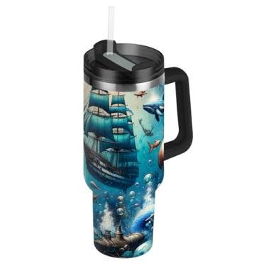 Imagem de Joisal Copo térmico Fantasy Vintage Ocean Lives com tampa e canudos Copo térmico de 850 g com alça garrafa de água isolada de aço inoxidável caneca de café quente para carros