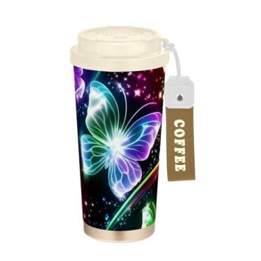 Imagem de TSENQUE Copo de café 473 ml com canudo e tampa, caneca de café de aço inoxidável à prova de vazamento para escritório, escola, festa, acampamento, borboleta, brilhante, preto