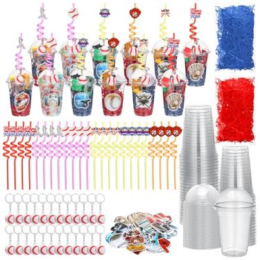 Imagem de Potchen 167 peças, conjunto de 24 copos de festa de beisebol, lembrancinha com tampa, adesivo, pingente, chaveiro, ráfia, descartáveis, copos transparentes, presentes de devolução para Natal, equipes